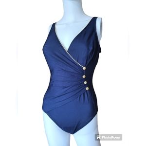 Longitude One Piece  Swimsuit Dark Blue & Yellow Swimwear for Women Size S.